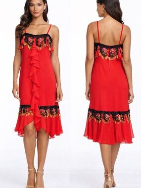 Morton Myles Red Beaded Fringe Ruffle Midi Dress | NWT $245